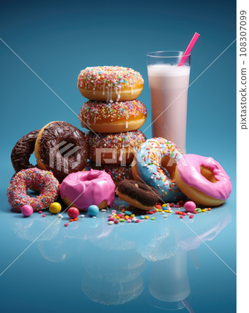 Ai generation. Donuts and a glass of pink milkshake on a blue background. Sweets concept. 108307099