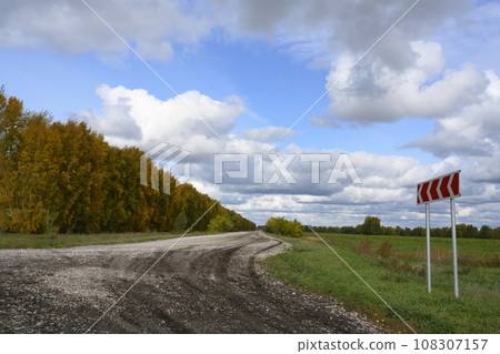 Country road along the autumn forest and fields under the sky with clouds, goes to the horizon 108307157