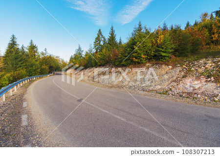 road through forested hill of apuseni natural park, romania. autumnal mountainous landscape in morning light 108307213