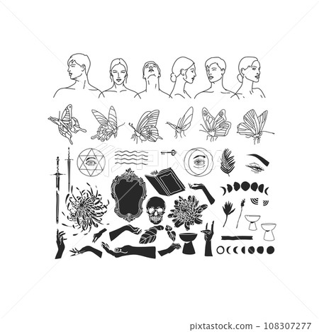 Set of vector graphic line art butterfly,moon,stars,line people silhouettes and esoteric symbols.Alchemy mystical magic elements for prints,posters,illustrations.Black spiritual occultism objects. Set of vector graphic line art butterfly,moon,stars,line people silhouettes and esoteric symbols.Alchemy mystical magic elements for prints,posters,illustrations.Black spiritual occultism objects. 108307277