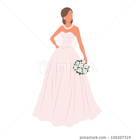 Bride in a wedding dress with a bouquet of flowers on a white background. Luxury wedding illustration, template for invitation, vector 108307329