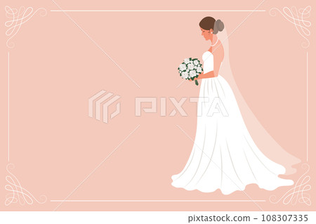 Bride in a white wedding dress with a bouquet of flowers. Luxury wedding banner template for invitation. Illustration, vector 108307335