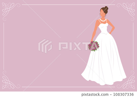 Bride in a white wedding dress with a bouquet of flowers. Luxury wedding banner template for invitation. Illustration, vector 108307336