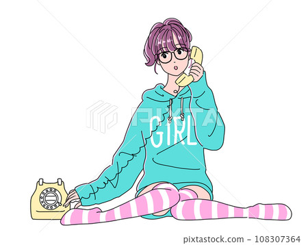 80's anime style girl making a phone call 108307364