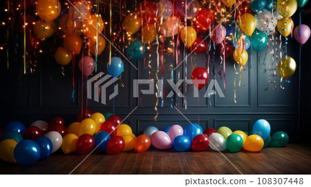 Colorful party room with sofa and balloons Make your party more fun and cheerful with this photo of a cozy room with a sofa, balloons, streamers, and confetti. Colorful party room with sofa and balloons Make your party more fun and cheerful with this photo of a cozy room with a sofa, balloons, streamers, and confetti. 108307448