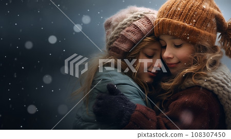 A mother and child share a loving hug in the snow, expressing the warmth and joy of family during Christmas and New Year holidays. A mother and child share a loving hug in the snow, expressing the warmth and joy of family during Christmas and New Year holidays. 108307450