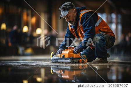 Generative ai illustration of master using needle roller for new screed concrete floor 108307607
