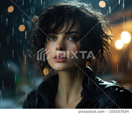 Generative ai illustration of Short-haired woman under rain Generative ai illustration of Short-haired woman under rain 108307684