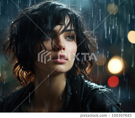Generative ai illustration of Short-haired woman under rain Generative ai illustration of Short-haired woman under rain 108307685