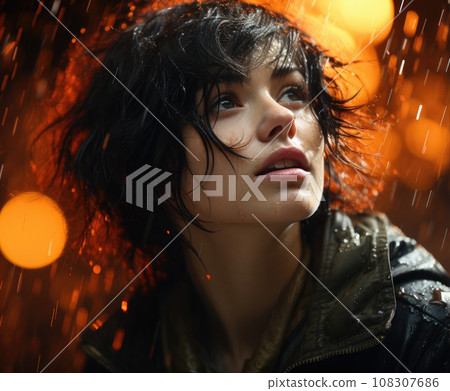 Generative ai illustration of Short-haired woman under rain 108307686