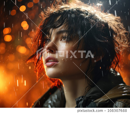 Generative ai illustration of Short-haired woman under rain 108307688