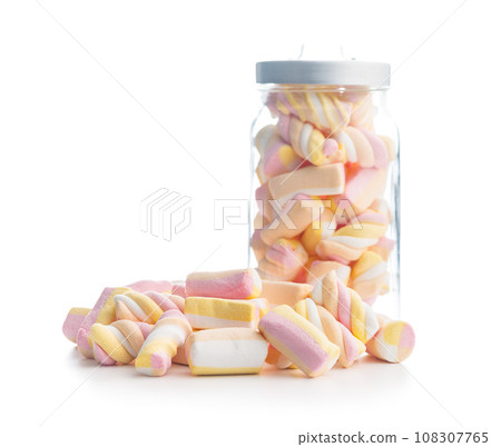 Sweet colorful marshmallows isolated on white background. Sweet colorful marshmallows isolated on white background. 108307765