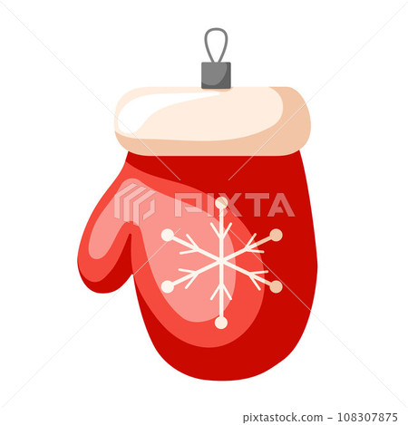 Christmas tree decoration in a shape of mitten with snowflake. Cartoon style, Vector illustration isolated on a white background. 108307875