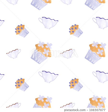 Breakfast: tea, coffee, croissants, muffins, kettle, cups. Seamless watercolor pattern on a white background. Breakfast: tea, coffee, croissants, muffins, kettle, cups. Seamless watercolor pattern on a white background. 108307877