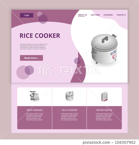 Rice cooker flat landing page website template. Meat grinder, multicooker, water heater. Web banner with header, content and footer. Vector illustration. Rice cooker flat landing page website template. Meat grinder, multicooker, water heater. Web banner with header, content and footer. Vector illustration. 108307902