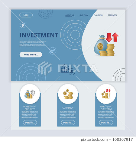 Invesment flat landing page website template. Investment security, currency, investment platform. Web banner with header, content and footer. Vector illustration. 108307917