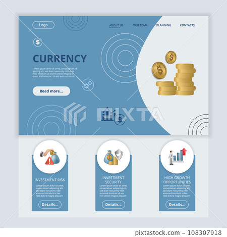 Currency flat landing page website template. Investment risk, investment security, high growth opportunities. Web banner with header, content and footer. Vector illustration. Currency flat landing page website template. Investment risk, investment security, high growth opportunities. Web banner with header, content and footer. Vector illustration. 108307918