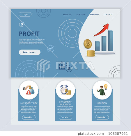 Profit flat landing page website template. Investment risk, investment duration, decision. Web banner with header, content and footer. Vector illustration. 108307931