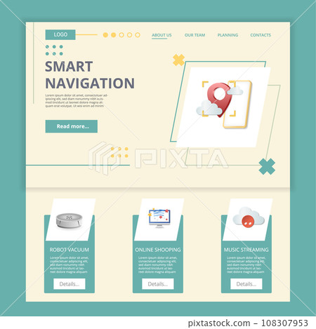Smart navigation flat landing page website template. Robot vacuum, online shopping, music streaming. Web banner with header, content and footer. Vector illustration. Smart navigation flat landing page website template. Robot vacuum, online shopping, music streaming. Web banner with header, content and footer. Vector illustration. 108307953