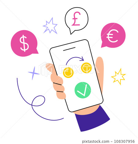 Currency exchange hand drawn composition, smartphone doodle icon, vector illustration of mobile bank app with money converter service, dollar to euro, pounds, successful transaction, colored clipart Currency exchange hand drawn composition, smartphone doodle icon, vector illustration of mobile bank app with money converter service, dollar to euro, pounds, successful transaction, colored clipart 108307956
