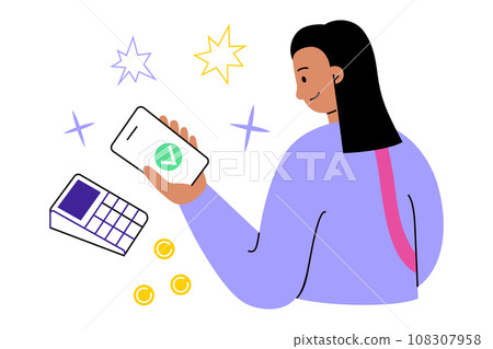 Cashless nfc payment hand drawn composition, woman makes contactless pay with smartphone, customer uses payment terminal in shop, shopping technology, vector illustration of cartoon character Cashless nfc payment hand drawn composition, woman makes contactless pay with smartphone, customer uses payment terminal in shop, shopping technology, vector illustration of cartoon character 108307958