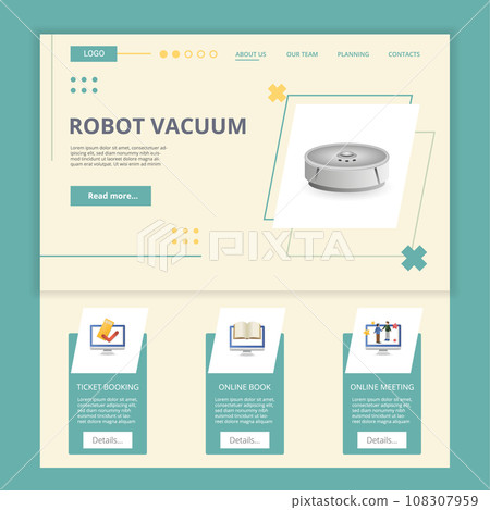 Robot vacuum flat landing page website template. Ticket booking, online book, online meeting. Web banner with header, content and footer. Vector illustration. Robot vacuum flat landing page website template. Ticket booking, online book, online meeting. Web banner with header, content and footer. Vector illustration. 108307959