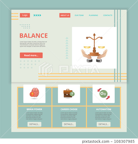 Balance flat landing page website template. Brain power, career choice, automatism. Web banner with header, content and footer. Vector illustration. Balance flat landing page website template. Brain power, career choice, automatism. Web banner with header, content and footer. Vector illustration. 108307985