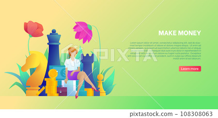 Concept of making money, profit and business. Landing page template with young female character in office clothes. Big chess figures. Business woman earns money. Flower decor flat vector illustration 108308063