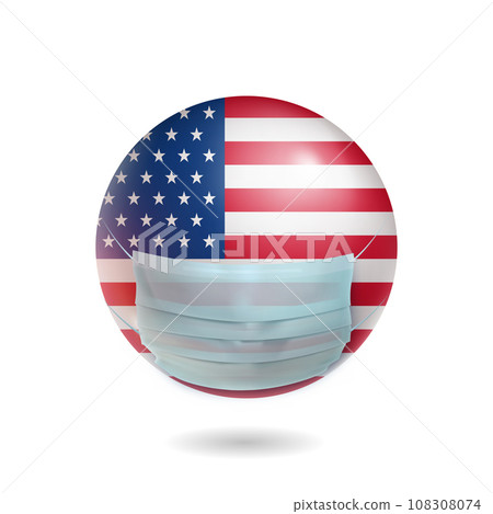 USA coronavirus pandemic icon. Realistic medical mask on sphere with american flag. National quarantine and health safety vector illustration. Coronavirus protection and self prevention in USA. 108308074