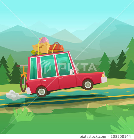 red cartoon car side view vacation trip red cartoon car side view vacation trip 108308144