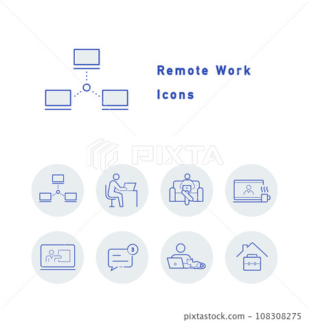 用於遠距工作、遠距工作和工作方式改革的圓形圖標插圖集 108308275
