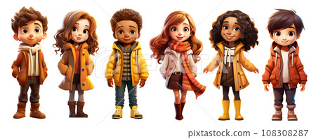 Cute Cartoon Realistic Happy Children Dressed in Autumn Clothes Characters Set 108308287