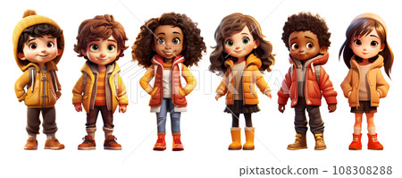 Cute Cartoon Realistic Happy Children Dressed in Autumn Clothes Characters Set 108308288