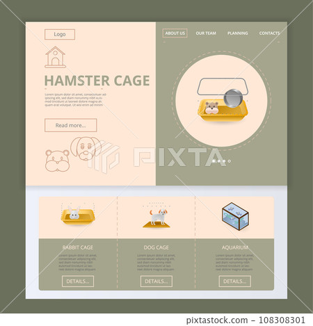 Hamster cage flat landing page website template. Rabbit cage, dog cage, aquarium. Web banner with header, content and footer. Vector illustration. 108308301