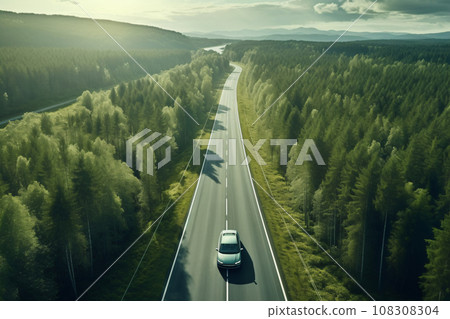 Aerial View of Green Forest with Car on Asphalt Road in Morning Light Aerial View of Green Forest with Car on Asphalt Road in Morning Light 108308304