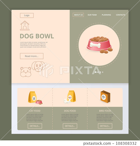 Dog bowl flat landing page website template. Cat food, dog food, bird food. Web banner with header, content and footer. Vector illustration. 108308332