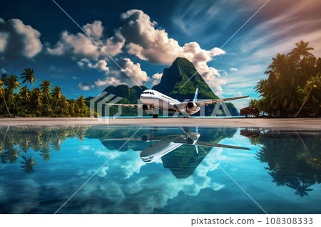 Airplane on Beach Travel with Cloud and Blue Sky Background 108308333