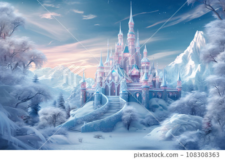 Magic Ice Castle in Snowy Fantasy Landscape, Digital Art 108308363