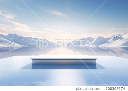 3D Ice Podium with Snowy Mountain Background, Morning Light 3D Ice Podium with Snowy Mountain Background, Morning Light 108308374