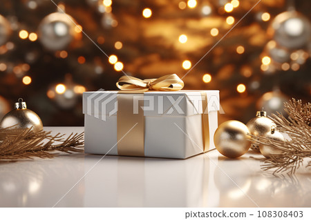 Christmas 3D Mockup with White and Gold Background, Spruce Twigs, Gift Box, and Ornaments 108308403