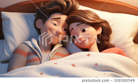 Generative ai illustration of 3d cartoon couple sleeping together 108308549