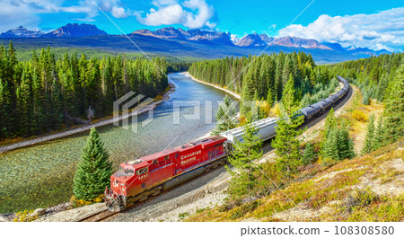 Train passing famous Morant's curve at Bow Valley in autumn ,Banff National Park, Canadian Rockies,Canada. 108308580