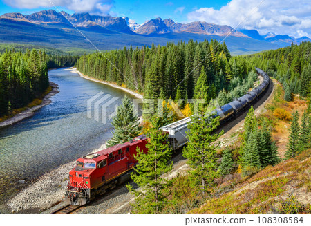 Train passing famous Morant's curve at Bow Valley in autumn ,Banff National Park, Canadian Rockies,Canada. Train passing famous Morant's curve at Bow Valley in autumn ,Banff National Park, Canadian Rockies,Canada. 108308584