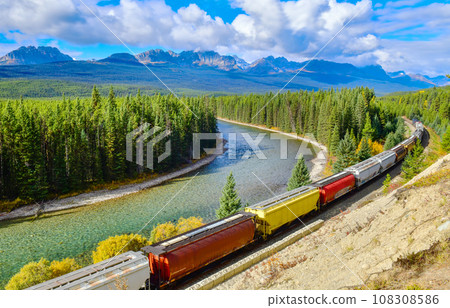 Train passing famous Morant's curve at Bow Valley in autumn ,Banff National Park, Canadian Rockies,Canada. 108308586