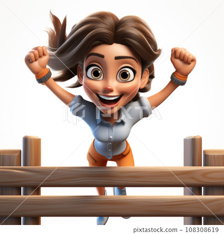 Generative ai illustration of 3d cartoon woman jumping over hurdle 108308619