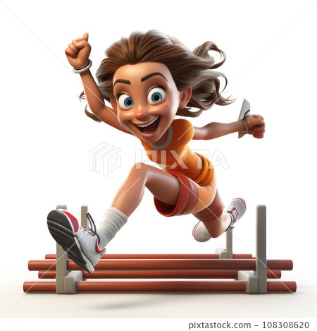 Generative ai illustration of 3d cartoon woman jumping over hurdle 108308620