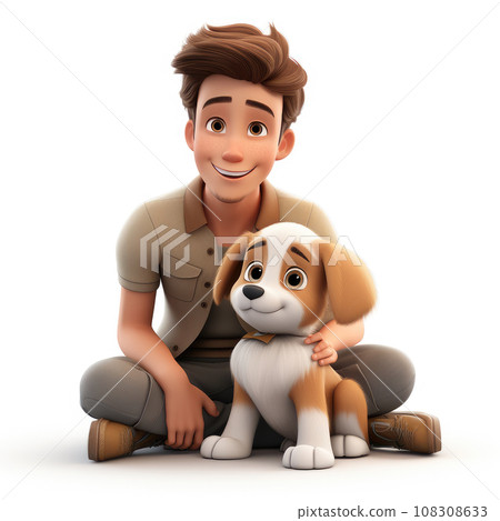Generative ai illustration of 3d cartoon man hugging his dog 108308633