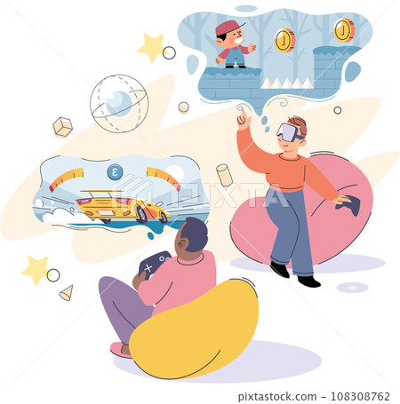 Family playing video game together in living room. Smiling parent with kid holding joysticks. Father and son spending time together. Game party at home, family fun. Weekend time, leisure, gaming hobby 108308762