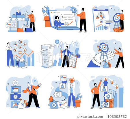 Business development. Vector illustration. Marketing campaigns leverage social mediand digital platforms effectively Team management includes coaching and mentorship for growth Pursuing profession 108308782