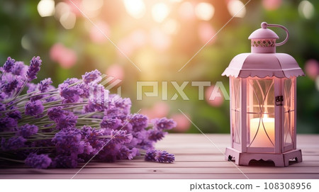 Garden table with lavender decoration and lantern 108308956